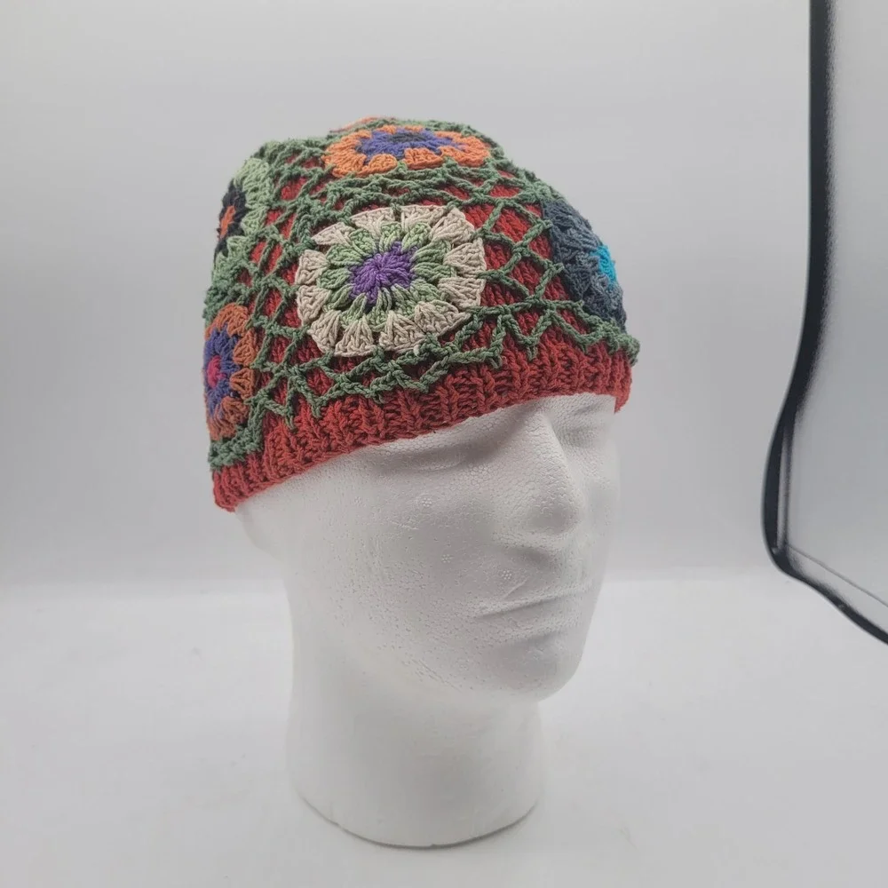 Crochet Knitted Boho‎ Y2k Multi Colored Flower Petals Beanie Cap Hat OSFM